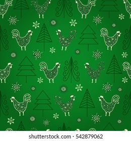 Abstract seamless pattern for girls,boys, clothes. Creative vector background with cock, chicken, trees.Funny wallpaper for textile and fabric. Fashion style. Colorful bright. Green wrap 