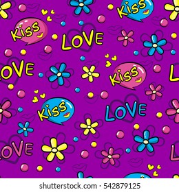 Abstract seamless pattern for girls,boys, clothes. Creative vector background with pop art comics speech bubbles, clouds,words..Funny wallpaper for textile and fabric. Fashion style. Colorful bright. 