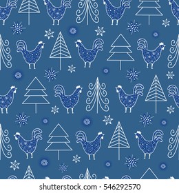 Abstract seamless pattern for girls,boys, clothes. Creative vector background with cock, chicken, trees.Funny wallpaper for textile and fabric. Fashion style. Colorful bright. Blue wrap  