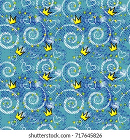 Abstract seamless pattern for girls,boys, clothes. Creative vector background with pop art comics speech bubbles, clouds,words..Funny wallpaper for textile and fabric. Fashion style. Colorful bright.