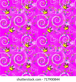 Abstract seamless pattern for girls,boys, clothes. Creative vector background with pop art comics speech bubbles, clouds,words..Funny wallpaper for textile and fabric. Fashion style. Colorful bright.