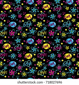 Abstract seamless pattern for girls,boys, clothes. Creative vector background with pop art comics speech bubbles, clouds,words..Funny wallpaper for textile and fabric. Fashion style. Colorful bright.