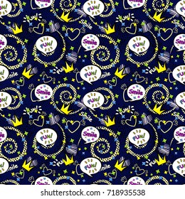 Abstract seamless pattern for girls,boys, clothes. Creative vector background with pop art comics speech bubbles, clouds,words..Funny wallpaper for textile and fabric. Fashion style. Colorful bright.