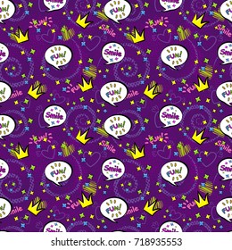 Abstract seamless pattern for girls,boys, clothes. Creative vector background with pop art comics speech bubbles, clouds,words..Funny wallpaper for textile and fabric. Fashion style. Colorful bright.
