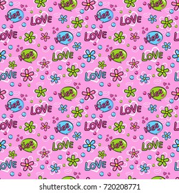 Abstract seamless pattern for girls,boys, clothes. Creative vector background with pop art comics speech bubbles, clouds,words..Funny wallpaper for textile and fabric. Fashion style. Colorful bright.