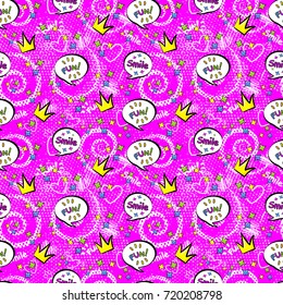 Abstract seamless pattern for girls,boys, clothes. Creative vector background with pop art comics speech bubbles, clouds,words..Funny wallpaper for textile and fabric. Fashion style. Colorful bright.