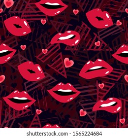 Abstract seamless pattern for girls,boys. Creative vector background with lips, mouth, triangle, geometric figures. Funny wallpaper for textile and fabric. Fashion style. Colorful bright, red, black