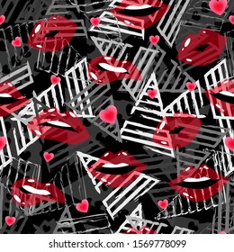 Abstract seamless pattern for girls,boys. Creative vector background with lips, mouth, triangle, geometric figures. Funny wallpaper for textile and fabric. Fashion style. Colorful bright