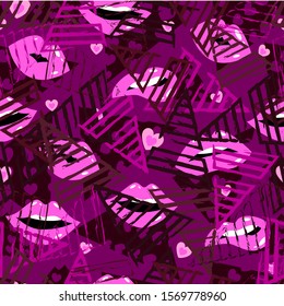 Patrón abstracto sin fisuras para las niñas, los niños. Creativo fondo vectorial con labios, boca, triángulo, figuras geométricas. Gracioso papel pintado para textiles y tejidos. Estilo de moda. Brillante y colorido