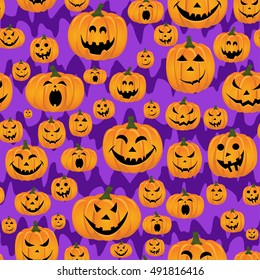 Abstract seamless pattern for girls,boys, kids, halloween, clothes. Creative vector background with face of pumpkin.Funny wallpaper for textile and fabric. Fashion style. Colorful bright.