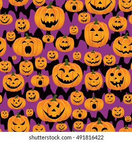 Abstract seamless pattern for girls,boys, kids, halloween, clothes. Creative vector background with face of pumpkin.Funny wallpaper for textile and fabric. Fashion style. Colorful bright.