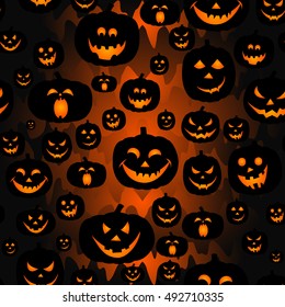 Abstract seamless pattern for girls,boys, kids, halloween, clothes. Creative vector background with pumpkin scary face, smile. Funny wallpaper for textile and fabric. Fashion style. Colorful bright.