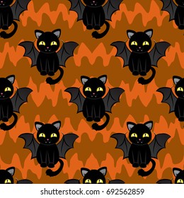 Abstract seamless pattern for girls,boys, kids, halloween, clothes. Creative vector background with cute cat vampire. Funny wallpaper for textile and fabric. Fashion style. Colorful bright.