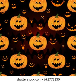 Abstract seamless pattern for girls,boys, kids, halloween, clothes. Creative vector background with pumpkin, scary face. Funny wallpaper for textile and fabric. Fashion style. Colorful bright.