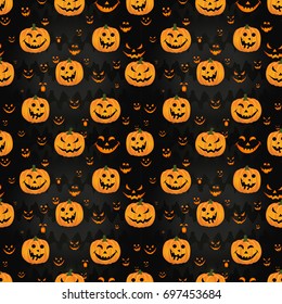 Abstract seamless pattern for girls,boys, kids, halloween, clothes. Creative vector background with pumpkin, scary face. Funny wallpaper for textile and fabric. Fashion style. Colorful bright.