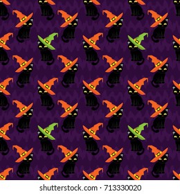 Abstract seamless pattern for girls,boys, kids, halloween, clothes. Creative vector background with cute cat. Funny wallpaper for textile and fabric. Fashion style. Colorful bright.