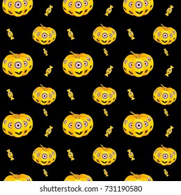 Abstract seamless pattern for girls,boys, kids, halloween, clothes. Creative vector background with pumpkin and sweets. Funny wallpaper for textile and fabric. Fashion style. Colorful bright.