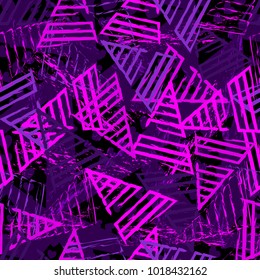 Abstract seamless pattern for girls,boys.Creative vector background with hearts, triangle, geometric figures.Funny wallpaper for textile and fabric.Fashion style.Colorful bright Pink, yellow, purple