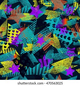 Abstract seamless pattern for girls,boys.Creative vector background with hearts, stars, geometric figures.Funny wallpaper for textile and fabric.Fashion style.Colorful bright Pink, yellow, purple