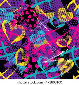 Abstract seamless pattern for girls,boys.Creative vector background with hearts, stars, geometric figures.Funny wallpaper for textile and fabric.Fashion style.Colorful bright Pink, yellow, purple