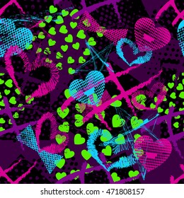 Abstract seamless pattern for girls,boys.Creative vector background with hearts, stars, geometric figures.Funny wallpaper for textile and fabric.Fashion style.Colorful bright Pink, blue, purple