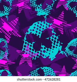 Abstract seamless pattern for girls,boys.Creative vector background with butterfly, stars, geometric figures.Funny wallpaper for textile and fabric.Fashion style.Colorful bright Pink, black, blue