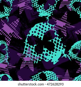 Abstract seamless pattern for girls,boys.Creative vector background with butterfly, stars, geometric figures.Funny wallpaper for textile and fabric.Fashion style.Colorful bright purple, black, blue