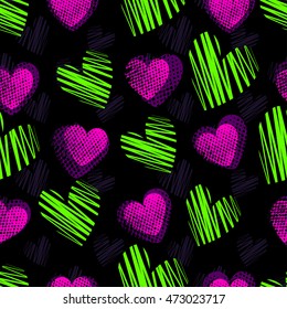 Abstract seamless pattern for girls,boys.Creative vector background with hearts, dots, lines, geometric figures.Funny wallpaper for textile and fabric.Fashion style.Colorful bright.green, pink, black