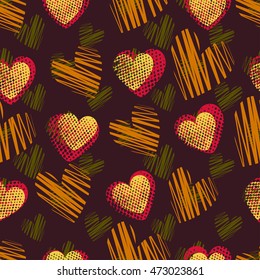 Abstract seamless pattern for girls,boys.Creative vector background with hearts, dots, lines, geometric figures.Funny wallpaper for textile and fabric.Fashion style.Colorful bright.yellow,red,brown