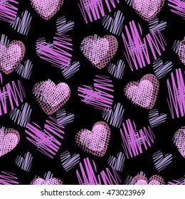 Abstract seamless pattern for girls,boys.Creative vector background with hearts, dots, lines, geometric figures.Funny wallpaper for textile and fabric.Fashion style.Colorful bright.Pink,purple,black