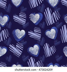 Abstract seamless pattern for girls,boys.Creative vector background with hearts, dots, lines, geometric figures.Funny wallpaper for textile and fabric.Fashion style.Colorful bright.Blue, white