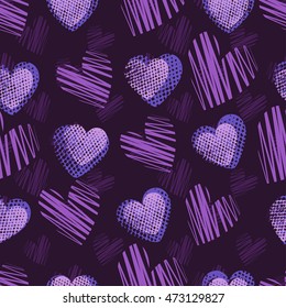 Abstract seamless pattern for girls,boys.Creative vector background with hearts, dots, lines, geometric figures.Funny wallpaper for textile and fabric.Fashion style.Colorful bright.Pink, purple