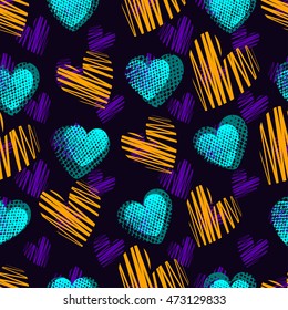 Abstract seamless pattern for girls,boys.Creative vector background with hearts, dots, lines, geometric figures.Funny wallpaper for textile and fabric.Fashion style.Colorful bright.Purple,blue,yellow