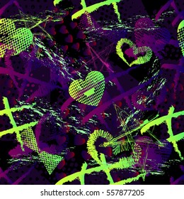 Abstract seamless pattern for girls,boys.Creative vector background with hearts, stars, geometric figures.Funny wallpaper for textile and fabric.Fashion style.Colorful bright Pink,yellow,purple 