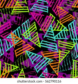 Abstract seamless pattern for girls,boys.Creative vector background with hearts, triangle, geometric figures.Funny wallpaper for textile and fabric.Fashion style.Colorful bright Pink, yellow, purple  