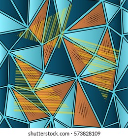 Abstract seamless pattern for girls,boys.Creative vector background with hearts, triangle, geometric figures.Funny wallpaper for textile and fabric.Fashion style.Colorful bright blue, yellow, brown  