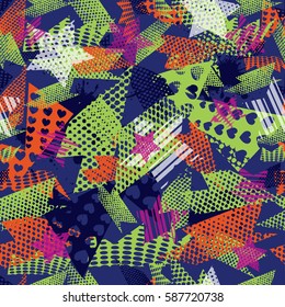 Abstract seamless pattern for girls,boys.Creative vector background with hearts, stars, geometric figures.Funny wallpaper for textile and fabric.Fashion style.Colorful bright Pink, yellow, purple 
