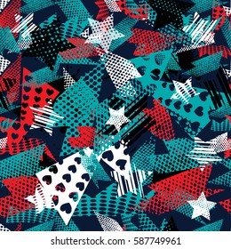 Abstract seamless pattern for girls,boys.Creative vector background with hearts, stars, geometric figures.Funny wallpaper for textile and fabric.Fashion style.Colorful bright. Red. Blue. White.