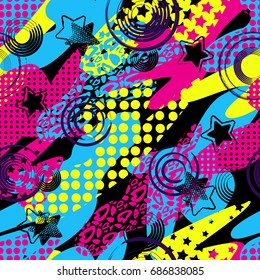 Abstract seamless pattern for girls,boys.Creative vector background with hearts, triangle, stars.Funny wallpaper for textile and fabric.Fashion style.Colorful bright Pink, yellow, blue