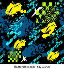 Abstract seamless pattern for girls,boys.Creative vector background with cars, speedometer, geometric figures.Funny wallpaper for textile and fabric.Fashion style.Colorful bright Pink, yellow, purple
