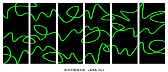 Abstract seamless pattern with glowing green squiggle lines on a black background. Perfect for wallpapers, textiles, packaging, and modern graphic design.