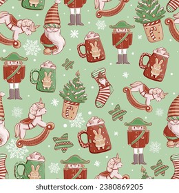 Abstract seamless pattern with gnome, tin soldiers, Christmas tree, cup with sweets, gingerbread bunny, rocking horse.