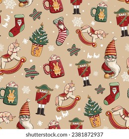 Abstract seamless pattern with gnome, tin soldiers, Christmas tree, cup with sweets, gingerbread bunny, rocking horse, Xmas socks, stars. Hoho repeat print. New year ornament