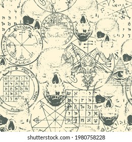 Abstract seamless pattern with goat head, human skulls, esoteric and occult symbols on an old paper backdrop. Hand-drawn vector background on theme of satanism, black magic, occultism in grunge style