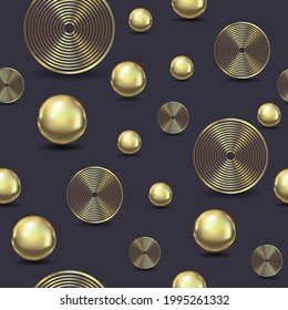 Abstract seamless pattern of gold balls and circles on a blue background.