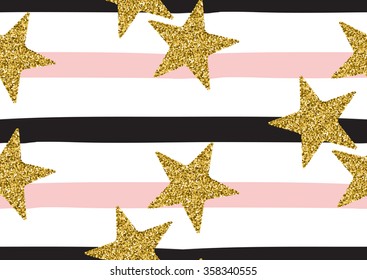 Abstract seamless pattern with the gold glitter textured  stars, stripes.