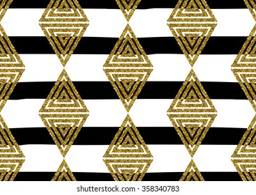 Abstract seamless pattern with the gold glitter textured  triangles, stripes.