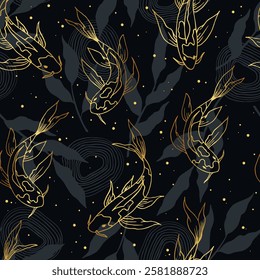 Abstract seamless pattern with gold koi carps. Design for card, fabric, print, greeting, cloth, poster, clothes, textile.