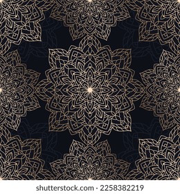 Abstraktes nahtloses Muster von Gold Luxus Mandala mit floralen Elementen. Dekorativer goldener Vintage-Ornament. Ethnische, orientalische Vektorgrafik aus Mosaik für Design-Tapeten, Packpapier, Stoff