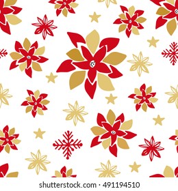 Abstract seamless pattern with gold and red poinsettia flowers, snowflakes and stars. Can be used for  gift boxes, wrap paper, scrapbooking, wallpapers, backgrounds, web sites. Winter holiday theme.